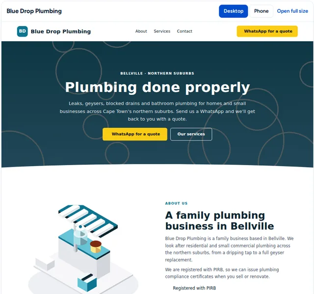 Example of a first draft made with the website builder: a one-page website for a plumbing business
